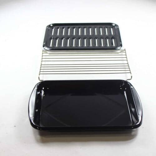 Side profile of the gray porcelain broiler pan (part of the W10123240 kit).