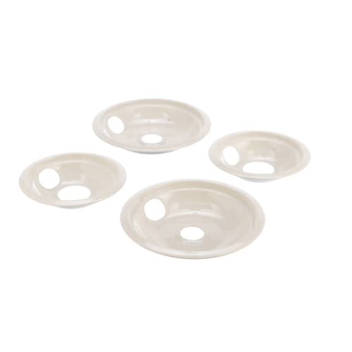 Set of four round porcelain drip pans for a four-burner electric stove.