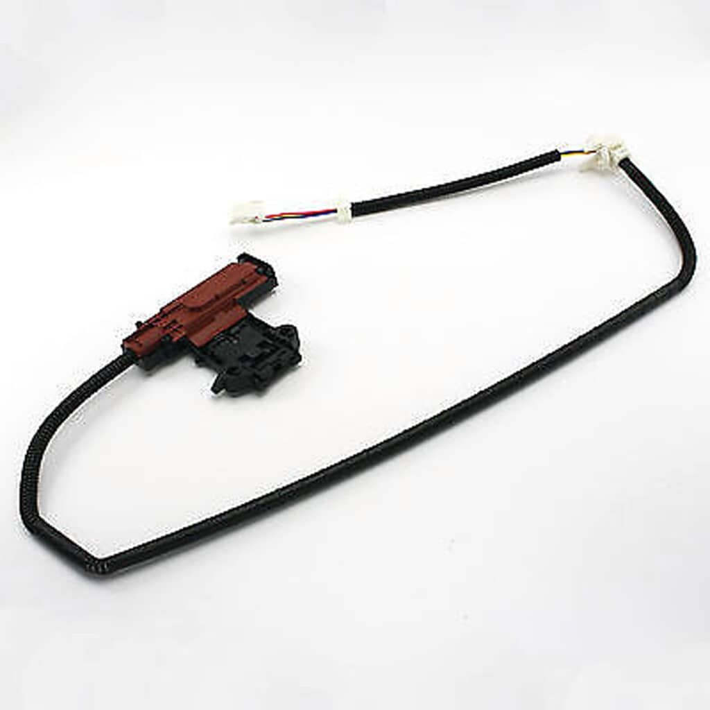 Front view of the Whirlpool W10404050 Top Load Washer Lid Latch Assembly, showing the latch mechanism designed to securely lock the washer lid during operation.