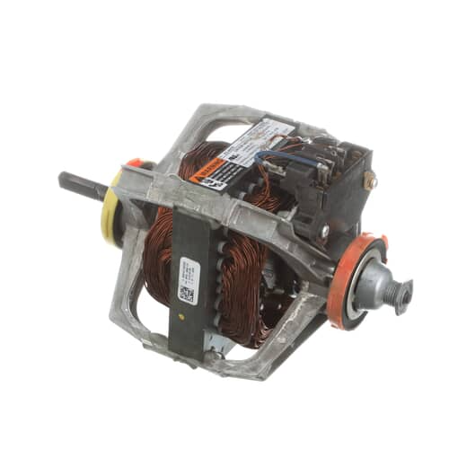 Whirlpool W10410996 drive motor assembly showing copper windings and a white end cap