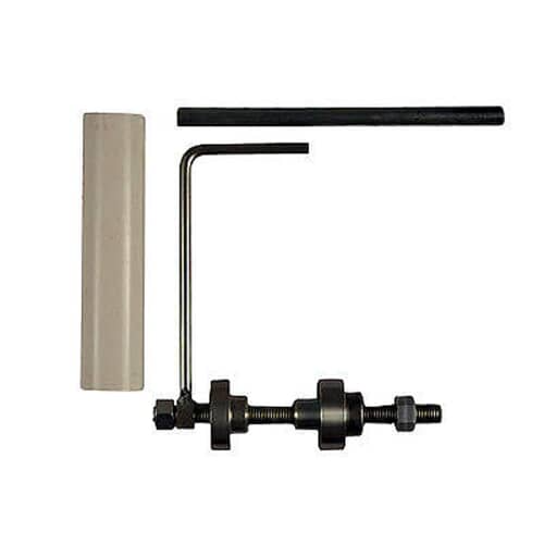 Whirlpool W10447783 bearing replacement tool kit showing threaded drivers and plastic sleeve