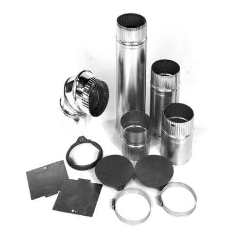 Whirlpool W10470674 side vent kit laid out showing duct sections, elbow, clamps, and caps