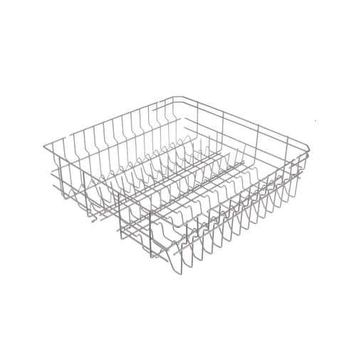 Side profile of the Whirlpool W10727422 Dishwasher Dishrack, highlighting the design and compartments that keep dishes in place during washing.
