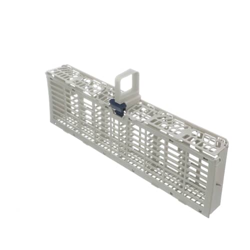 Side profile of the Whirlpool W11158802 dishwasher silverware basket, showing its length and grid pattern.
