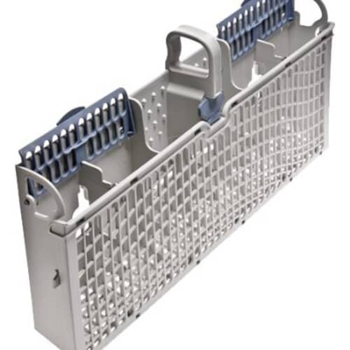 Top-down view of the Whirlpool W11158802 dishwasher silverware basket with its blue flip-top lids visible.