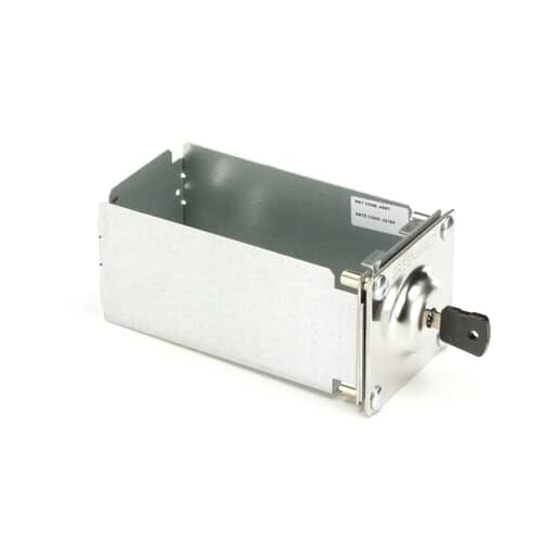 Front view of the Whirlpool W11190039 Box, showing its durable metal construction and key housing design for protecting internal components in Whirlpool washers and dryers.