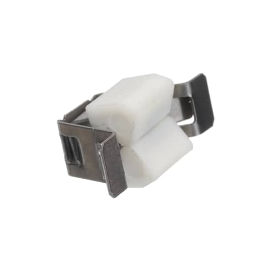 Whirlpool W11429587 Dryer Door Catch Assembly with white plastic pieces held by a metal clip.