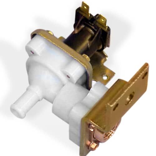 Full view of the Whirlpool WP4171000 Inlet Valve, showcasing the complete assembly with mounting bracket, blue plastic body, and connector terminals for easy and quick replacement.