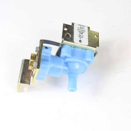 Side view of the Whirlpool WP4171000 Inlet Valve showing its blue plastic body, brass mounting bracket, and connector terminals designed for seamless installation in Whirlpool washing machines.