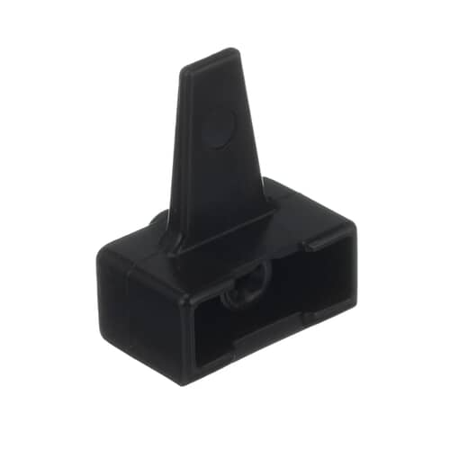 Front view of the Whirlpool WP43-0057 Actuator Switch, showing the black plastic housing and connection terminal designed to fit securely into Whirlpool washing machines.