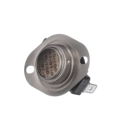 Side profile of the Whirlpool WP53-0771 Hi-Limit Thermostat highlighting the compact design and clear connection points for easy installation in compatible dryer or range models.