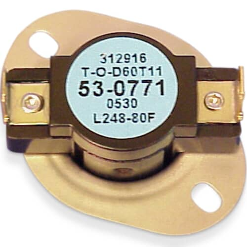 Whirlpool WP53-0771 Hi-Limit Thermostat kit with mounting hardware, designed to prevent appliance overheating by automatically shutting down the system when temperatures exceed safe limits.