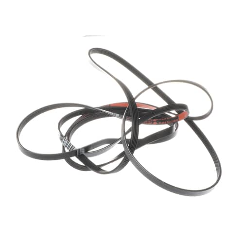 A tangle of black, multi-ribbed dryer belts showing a section with a red marking strip.