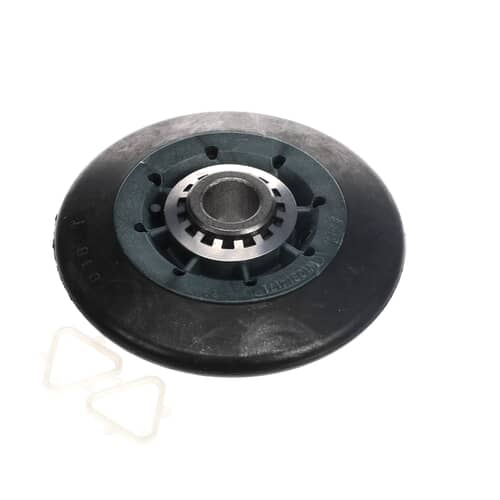 Angled view of the black and gray drum support roller assembly with two small white retaining clips nearby.