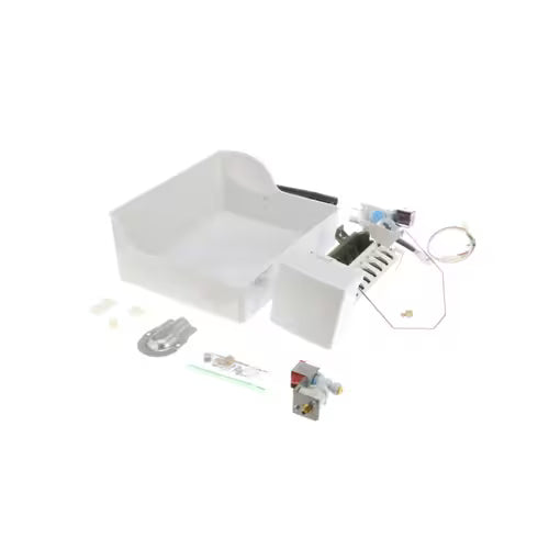 Whirlpool 4396418 Icemaker Kit components: ice-maker unit, shut-off arm, fill tube