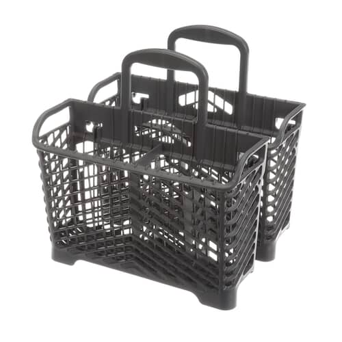 A front view of the dark gray Whirlpool WP6-918873 dishwasher silverware basket, showing the integrated handles and grid design.