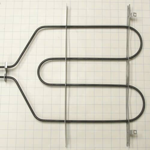 A flat-style appliance heating element laid over a grid background. It features multiple bends and is secured by two tall, vertical metal baffles.