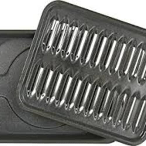 A two-piece black enamel broiler set, showing the drip pan and the slotted grill insert separated.