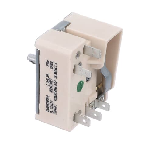 An angled side view of a beige appliance infinite switch. Multiple metal spade terminals and the control shaft can be seen, along with printed specifications.