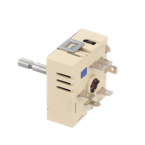 A side view of a black infinite switch showing its spade terminals and mounting nut.