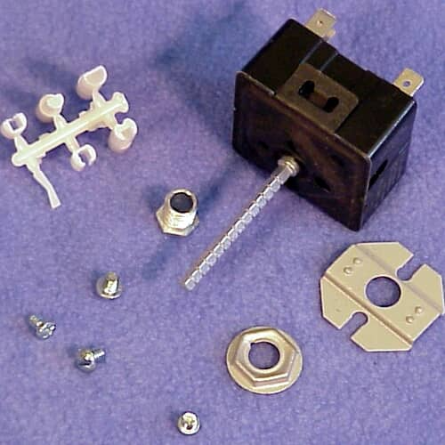 A beige infinite control switch with a threaded shaft and spade terminals, packaged with additional mounting pieces.
