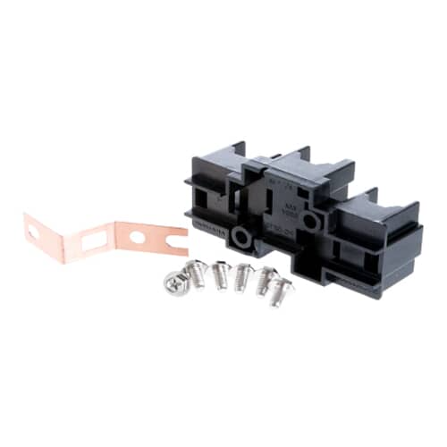 A three-piece black electrical terminal block kit viewed at an angle. It includes the main block, a copper-colored L-shaped bracket, and a set of five small screws.