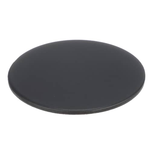 A top-down view of a solid black, appliance control knob cap with a matte finish.
