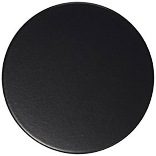 An angled view of a plain, smooth, black control knob cover or cap.
