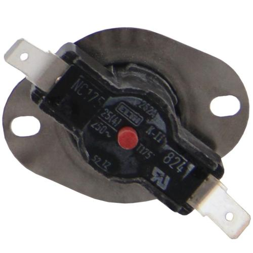 A disc-shaped thermostat with a bright red circular label showing part codes, mounted on a silver metal flange with two screw holes.