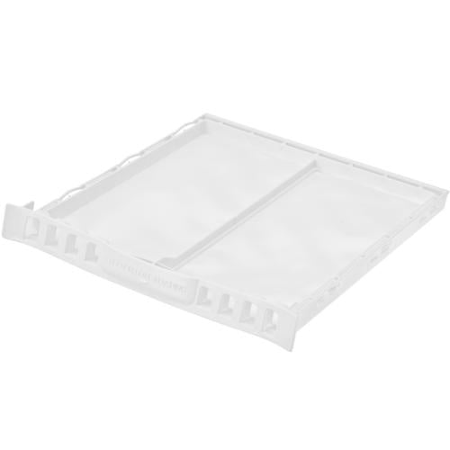 A white plastic dryer lint screen assembly with a rectangular mesh area, viewed from the top against a white background.