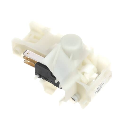 Side view of Bosch 438026 dishwasher door latch replacement part showing internal switch and housing.