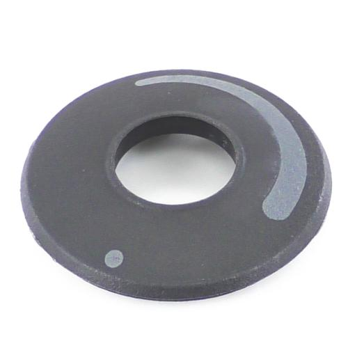 A silver or chrome-finished control knob mounting ring with a small cutout.