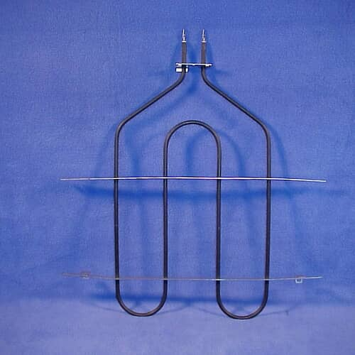 An oven broil heating element, shaped like a double-U, displayed against a blue background. Two long, thin thermostat sensor probes run horizontally across the element.