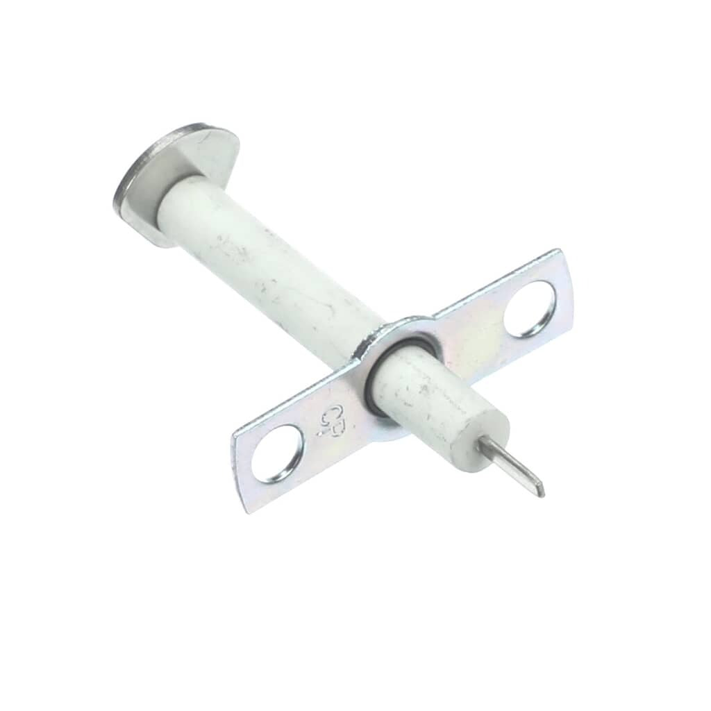 An angled view of a white ceramic top ignitor with a metal mounting bracket.