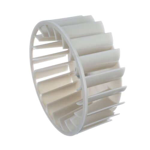 Angled view of the white plastic centrifugal blower fan assembly