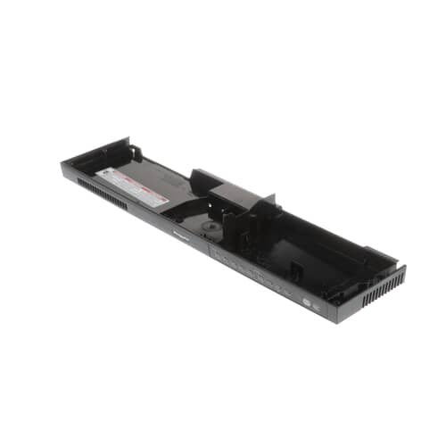 A top-angled perspective of the black dishwasher control panel console, highlighting the interior mounting points for the user interface.