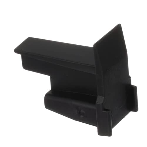 An angled perspective of a black plastic dishwasher rack track end cap, highlighting the guide rails and the stop plate."