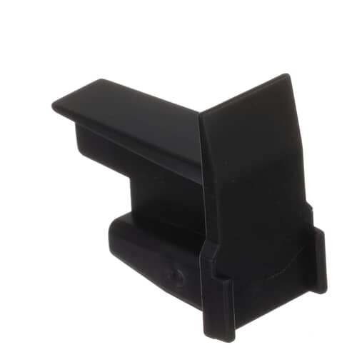 A side-angled view of the black dishwasher rack track end cap, showing its complete shape and mounting grooves.