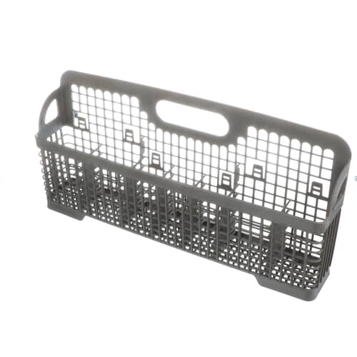 An angled perspective of a long, gray dishwasher silverware basket, showing its grid design and the handle cutout on the back panel.