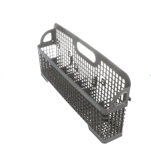 A top-angled view of the gray dishwasher silverware basket, providing a clear look at the interior dividers and compartments for cutlery.