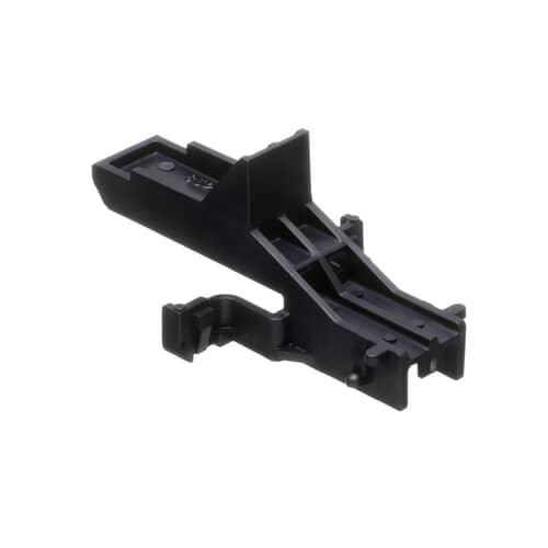 A side-angled view of the black dishwasher upper rack track stop, showing the complete assembly and its complex shape.