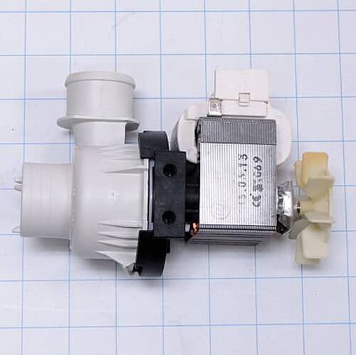 Electrolux 131268401 drain pump assembly lying on a grid background, showing the intake and output nozzles.