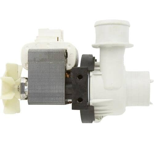Horizontal view of the Electrolux washer drain pump, clearly showing the electrical connector block on the motor.