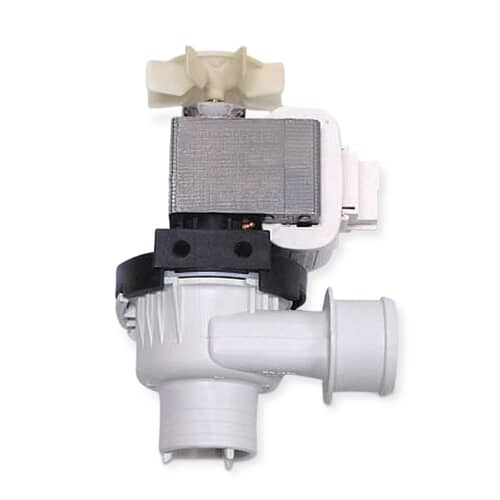 Electrolux washer drain pump assembly shown vertically, featuring the white motor housing, metal-finned section, and beige impeller fan.
