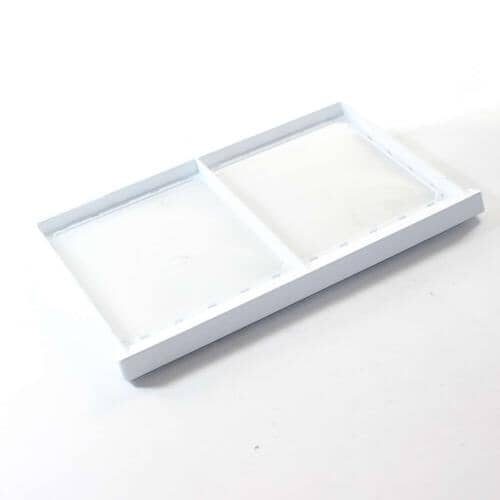 Side view of the white lint trap assembly against a white background, showing the shallow profile and bottom ledge.