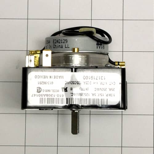 The rear of the Electrolux dryer timer against a white grid, showing the electrical terminal block configuration (A, B, X, R) and the QC label.