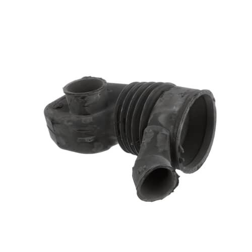 Black rubber washer tub-to-pump hose assembly shown at an angle, featuring a bellows section and a coin trap chamber.