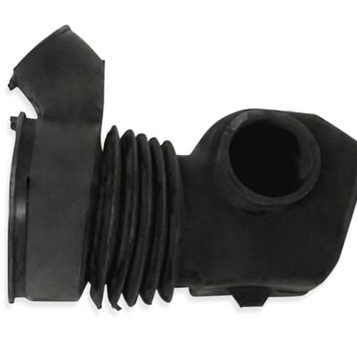 Close-up of the black molded rubber hose, clearly showing the three connection points, including the coin trap body.
