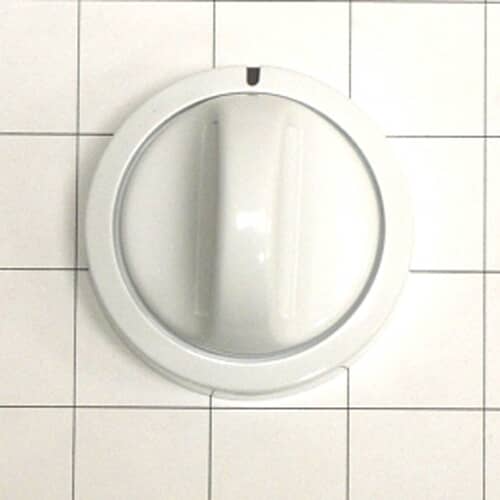 The white timer knob centered on a white tiled or gridded background, viewed from the front.