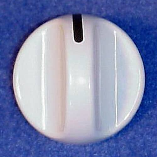 The reverse side of the white rotary knob showing the central D-shaped coupling mechanism for mounting.